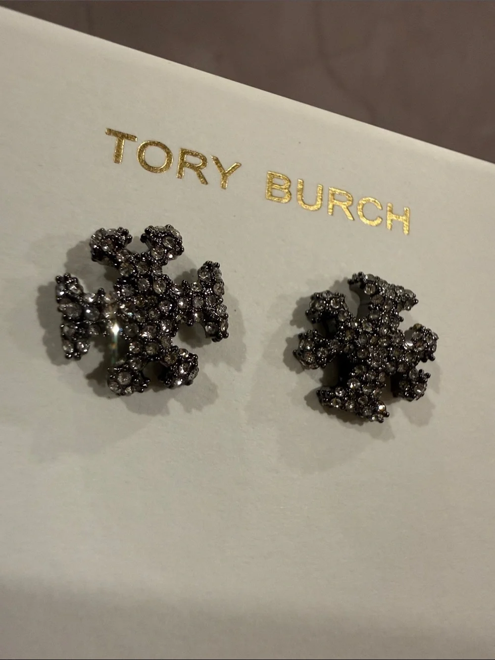Tory Burch | Gunmetal Crystal Logo Stud Earrings | Small